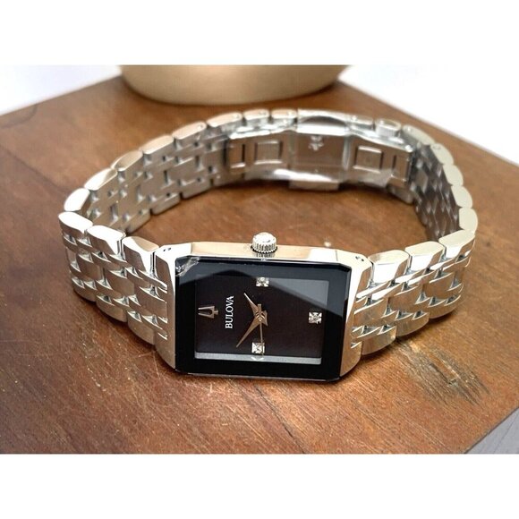 Bulova Women's Watch 96P202 Quartz Black Dial Diamond Quadra Silver Steel CHIP - Picture 8 of 14